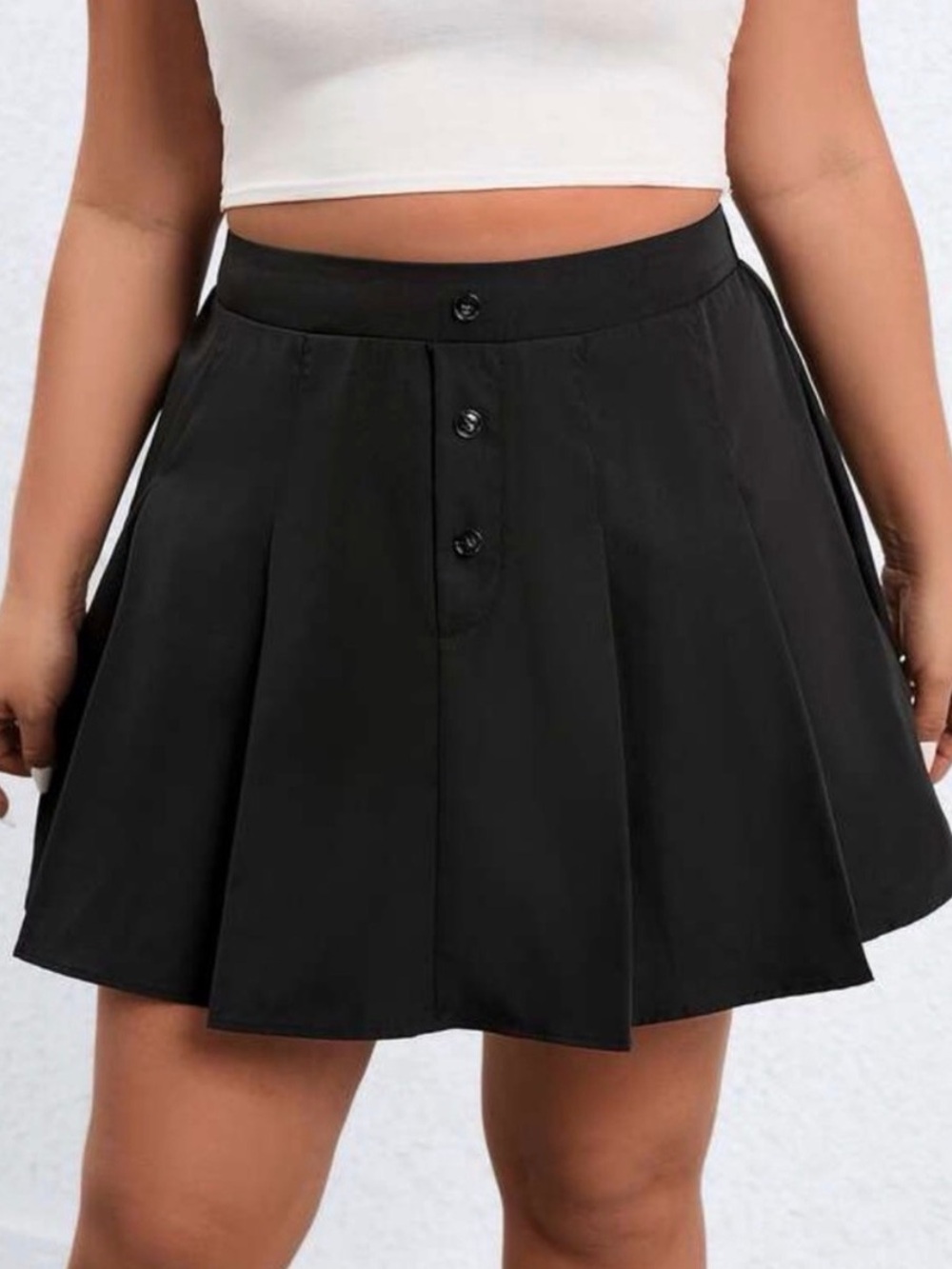 Black Pleated Skirt with Faux Button Details
